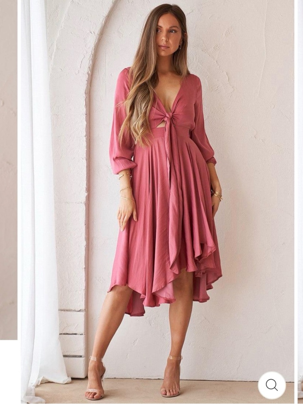 Tie-Front Mauve Pink High-Low Midi Dress satin